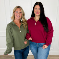Women's quarter zips: Zenana quarter zip pullover sweatshirts in olive green and wine red on regular and curvy models