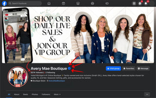 A legitimate online boutique's Facebook page: Avery Mae Boutique with the Meta Verified badge and 607K followers.