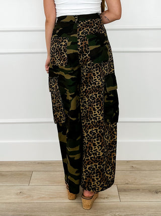 High-rise wide-leg cargo pants with camo and leopard print panels and side pockets