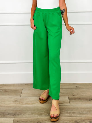 High-rise wide-leg pull-on pants, bright green with elastic waistband