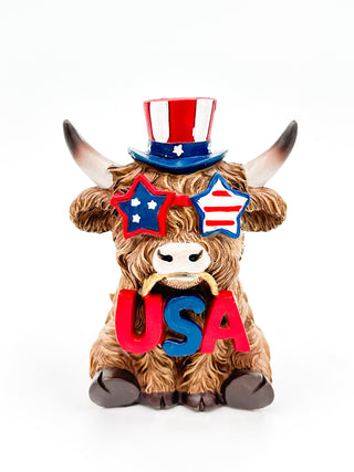 Patriotic paddock decor cow figure in striped top hat with USA star glasses