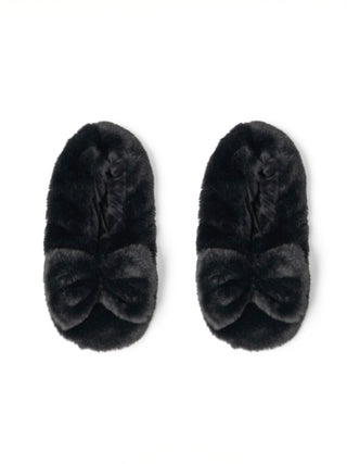 Black plush heated slippers with bow detail, pair