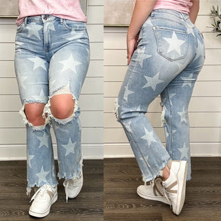 Risen Rori Distressed High Rise Straight Leg Cropped Light Wash Star Print Jeans