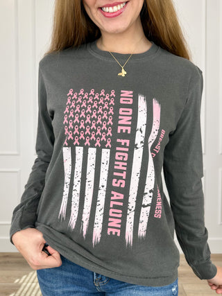 Grey long-sleeve graphic cotton tee with pink and white chest print