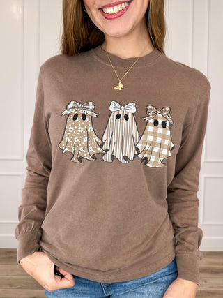 Gorgeous Ghouls Cotton Long Sleeve Brown Avery Mae Graphic Tee Shirt (Comfort Colors)