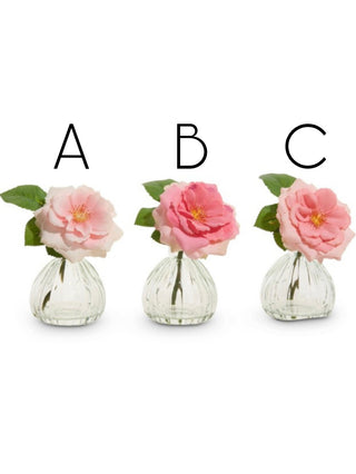 Mini glass vase floral decor for options A–C, each with a pink rose