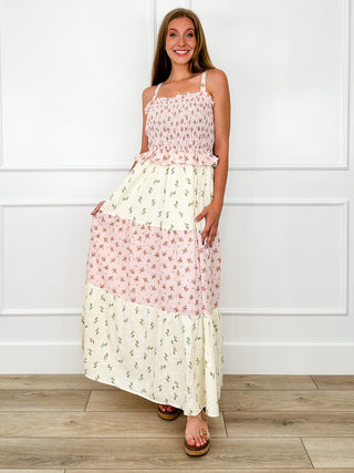 Pink and cream tiered maxi dress with spaghetti straps and smocked bodice