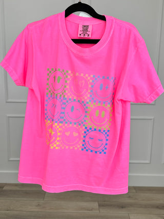 Kids pink cotton short-sleeve graphic T-shirt with smiley face rainbow print