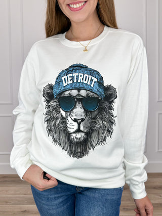 Cotton blend crewneck sweatshirt in white with Detroit graphic lion wearing sunglasses