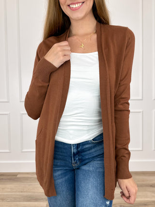 Brown knit long-sleeve cardigan with open front and long sleeves