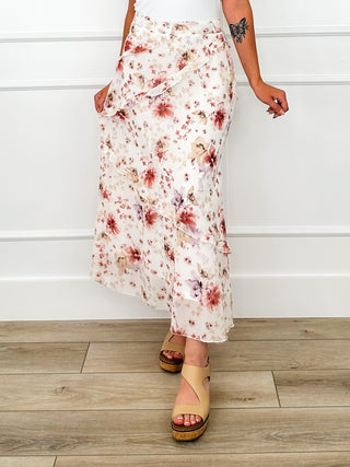 Ivory floral high-rise maxi skirt with ruching and side slit