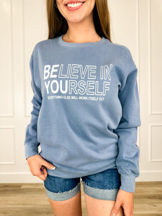Believe in Yourself Cotton Blend Long Sleeve Blue Avery Mae Graphic Crewneck Sweatshirt (Comfort Colors)