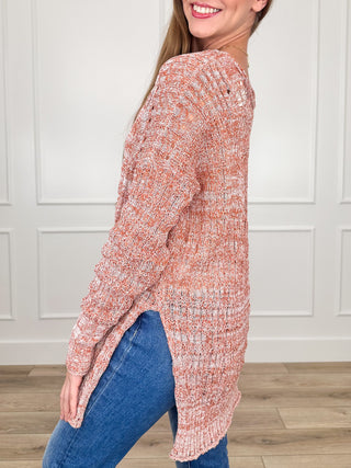 Orange textured knit long-sleeve sweater, relaxed fit with ribbed cuffs