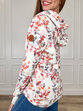 Floral cotton-blend half-zip hoodie sweatshirt, long sleeves, hood and drawstrings