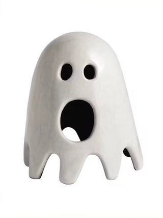 Ceramic ghost decor figurine with black eyes and open mouth cutout, white finish