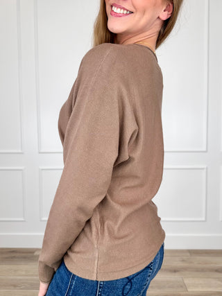 Brown knit long-sleeve sweater, side view with crew neck and ribbed cuffs