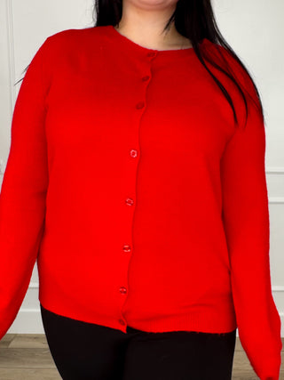Red knit cardigan with button-front, long sleeves