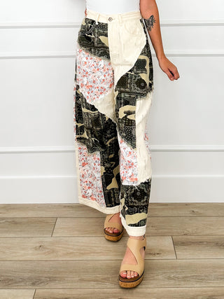 High-rise wide-leg cotton pants, cream patchwork with black camo and floral blocks