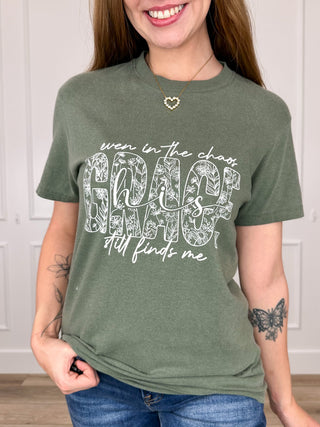 Even in the Chaos Cotton Short Sleeve Green Avery Mae Graphic Tee Shirt (Comfort Colors)
