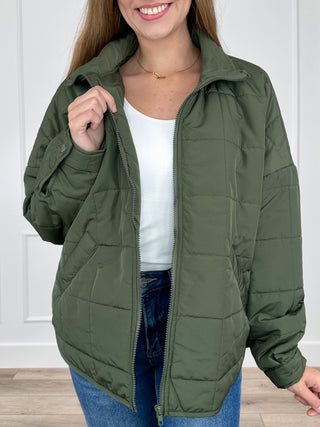 Lightweight long-sleeve quilted jacket, green, zip-front with stand collar