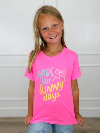 Kids pink short sleeve graphic cotton tee, crew neck; "Made for sunny days" print