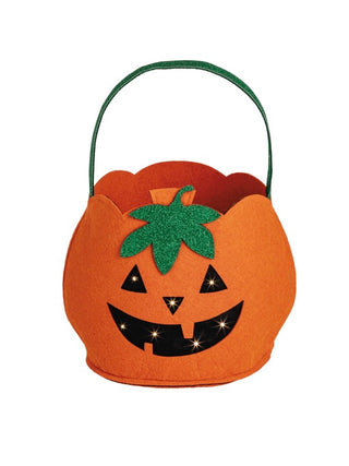 Orange pumpkin-shaped LED treat bucket with jack-o’-lantern face and glowing accents