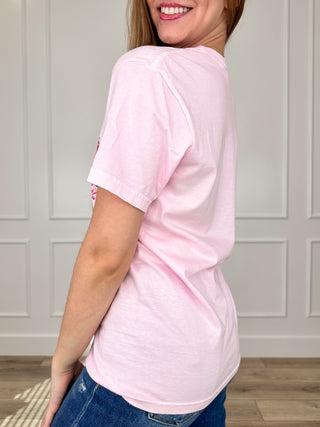 Pink cotton short-sleeve crew-neck tee, side/back profile