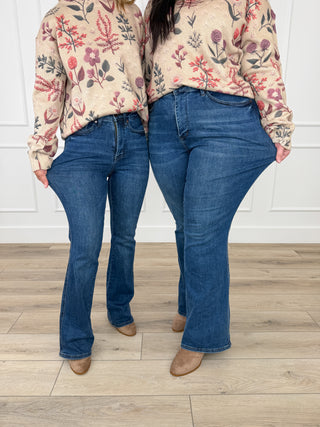 Dark blue bootcut jeans with tummy control, non-distressed wash, belt loops