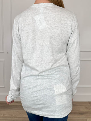 Grey heather long-sleeve crewneck T-shirt with plain back