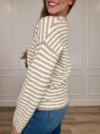 Ivory striped knit long-sleeve sweater, side view