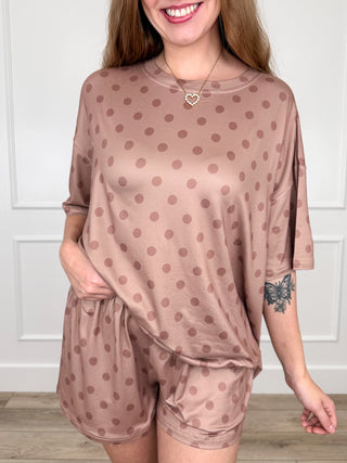 Taupe polka-dot knit lounge set, short-sleeve top and matching drawstring shorts