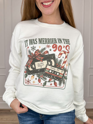 White crewneck sweatshirt with '90s cassette graphic print, long sleeves