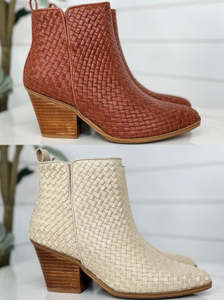 Faux leather woven ankle booties with side zip and stacked block heel