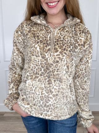 Ivory leopard-print quarter-zip pullover sweatshirt with hooded neck
