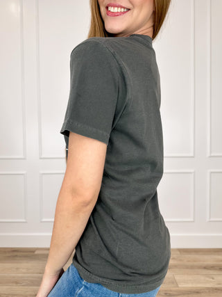 Grey cotton short-sleeve tee, crew neck, side view