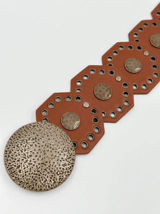 Faux leather belt with round stud medallions, cognac brown leather and bronze studs