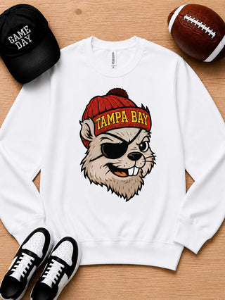 White long sleeve crewneck sweatshirt with Tampa Bay graphic dog wearing a red knit cap.