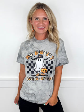 Grey cotton short-sleeve graphic tee with ghost holding pumpkin