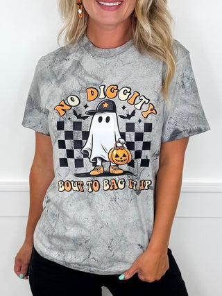 Grey cotton short-sleeve graphic tee with ghost, checkerboard and pumpkin