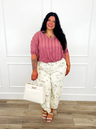 Mauve knit blouse and cream floral pants outfit, three-quarter sleeves, ankle length