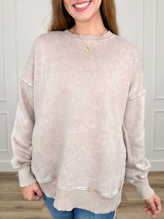 Oat cotton-blend long-sleeve sweatshirt top with crew neck and ribbed cuffs