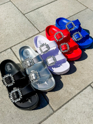 Assorted platform double-strap slide sandals with jeweled square buckles