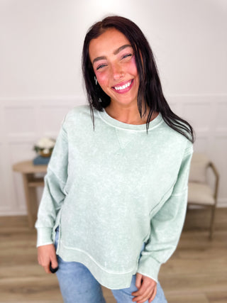 Long sleeve weekender top in light teal, crew neck, relaxed fit, pullover style