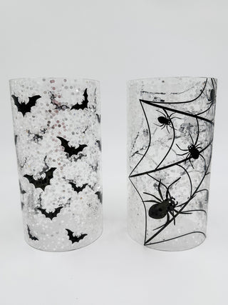 Glass candle slip cover with bats and speckled glitter pattern in dark accents