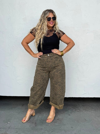 High-rise leopard print barrel jeans in olive-brown, wide leg ankle-length