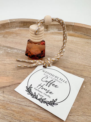 Glass scent diffuser bottle with wooden stopper and rope cord, label: Coffee House