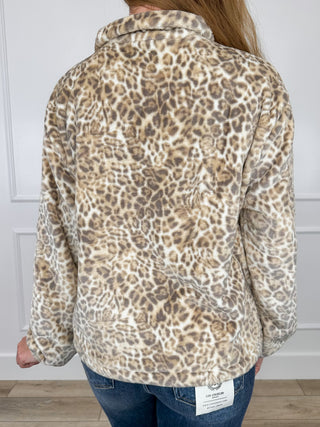 Back view of ivory leopard-print quarter-zip pullover sweatshirt with hood