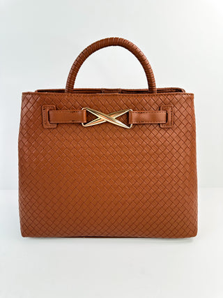Brown woven faux leather tote bag with top handle and metal front clasp