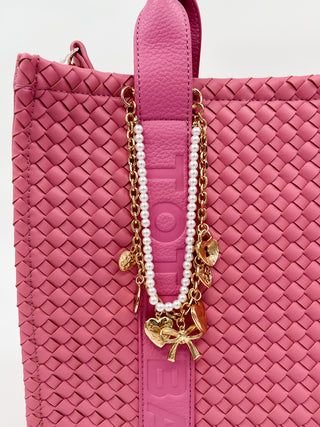 Gold layered bag chain with faux pearl strands and lobster clasps