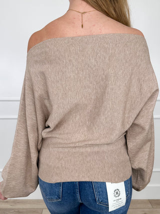 Taupe off-shoulder knit sweater top with long sleeves, back drape detail